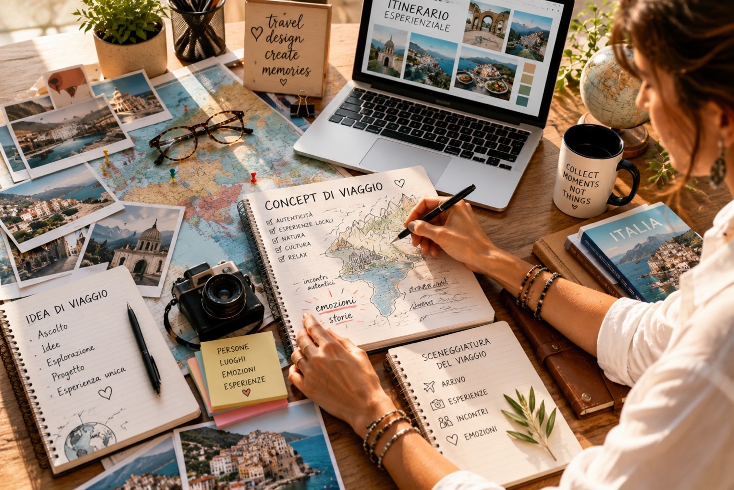 Scrivania di un Travel Designer con mappe, fotografie e appunti di viaggio