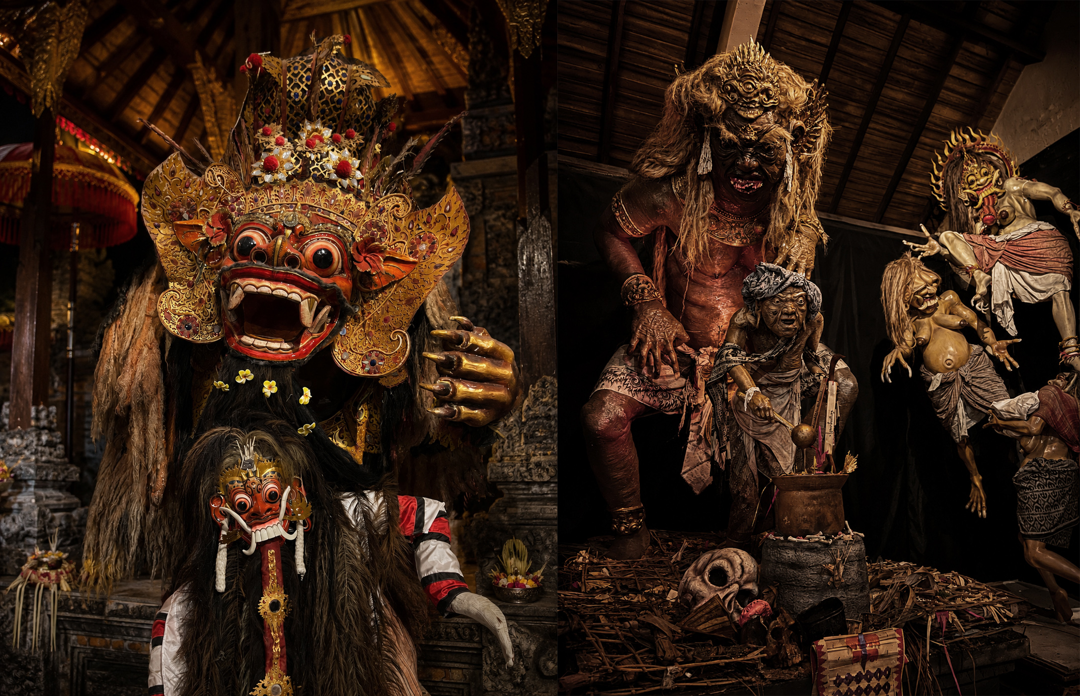 Enormi e spaventose statue di demoni Ogoh-Ogoh in parata di notte prima del Nyepi