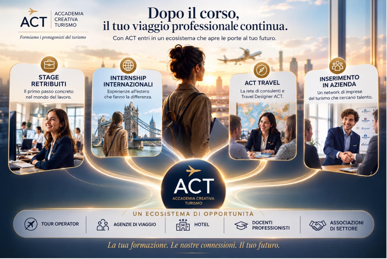 Infografica ecosistema di opportunità ACT: stage, internship, network ACT Travel e inserimento in azienda