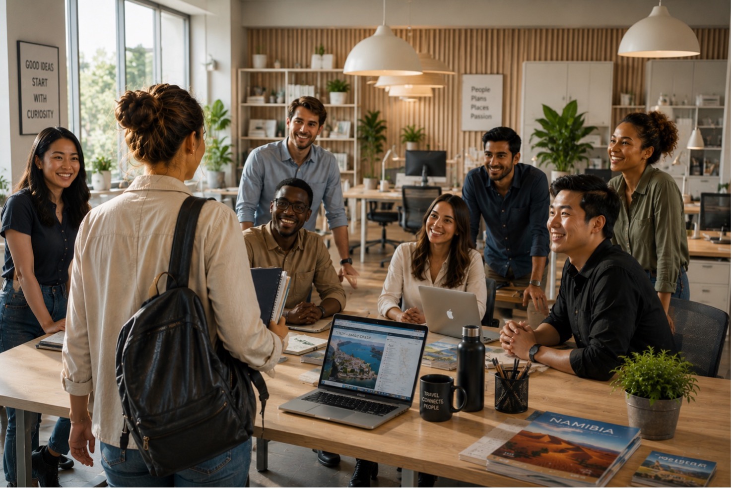 Riunione di giovani professionisti del turismo in un contesto lavorativo internazionale stimolante