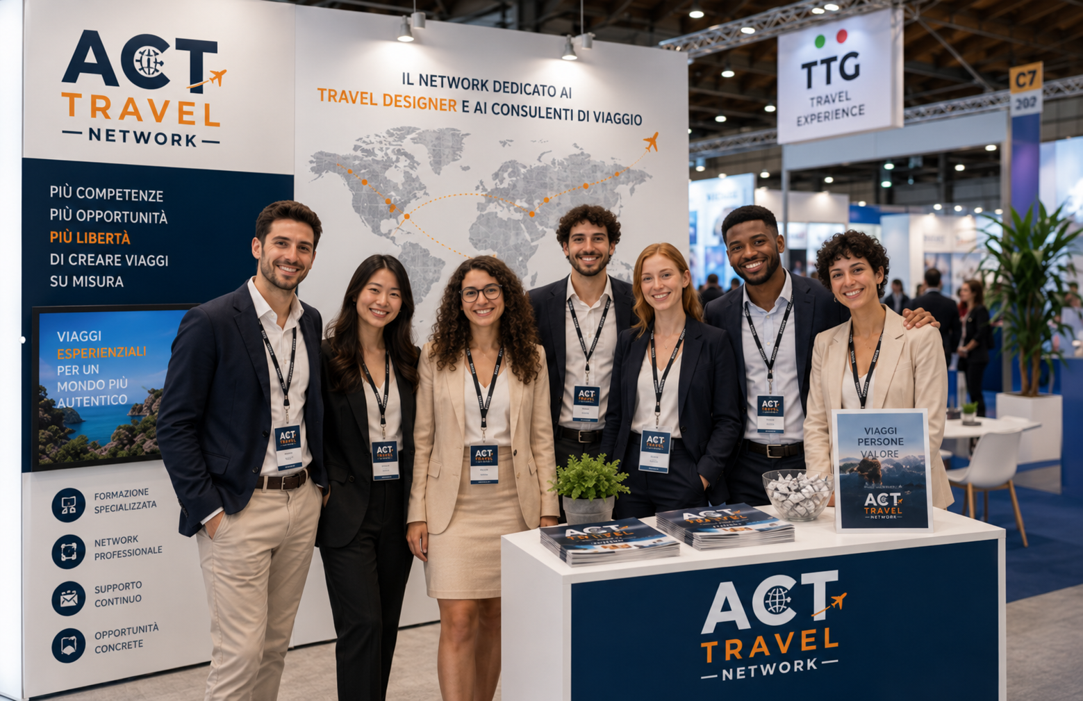 Gruppo di giovani consulenti di viaggio dello stand ACT Travel Network sorridenti alla fiera TTG