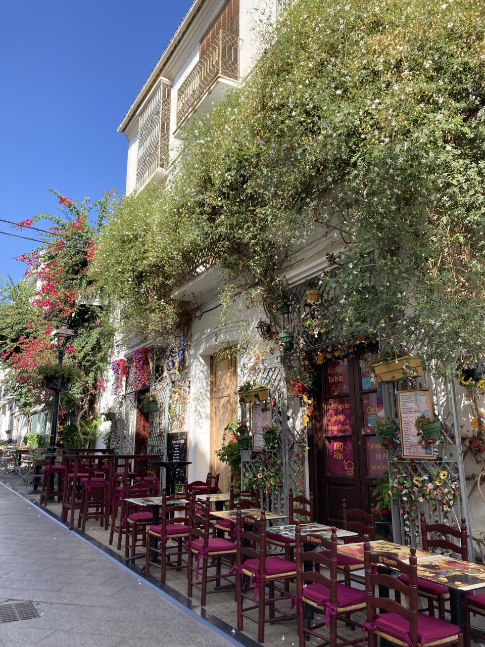 Scorcio del centro storico di Marbella. I fiori, colorati e profumati, sono ad ogni angolo e contribuiscono all'abbellimento della città