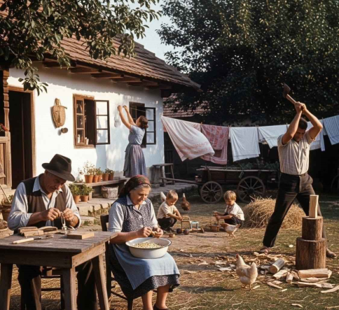 Scena di vita contadina, una famiglia lavora nel cortile di una casa rurale, con un uomo che spacca la legna, una donna che sgrana legumi, bambini che giocano tra le galline e panni stesi al sole.
